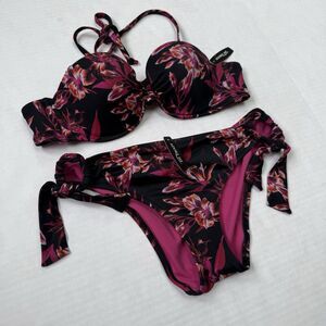 Adore Me Women's Bikini Top 34B Bottom M Black and Pink Floral Swim Suit NWT